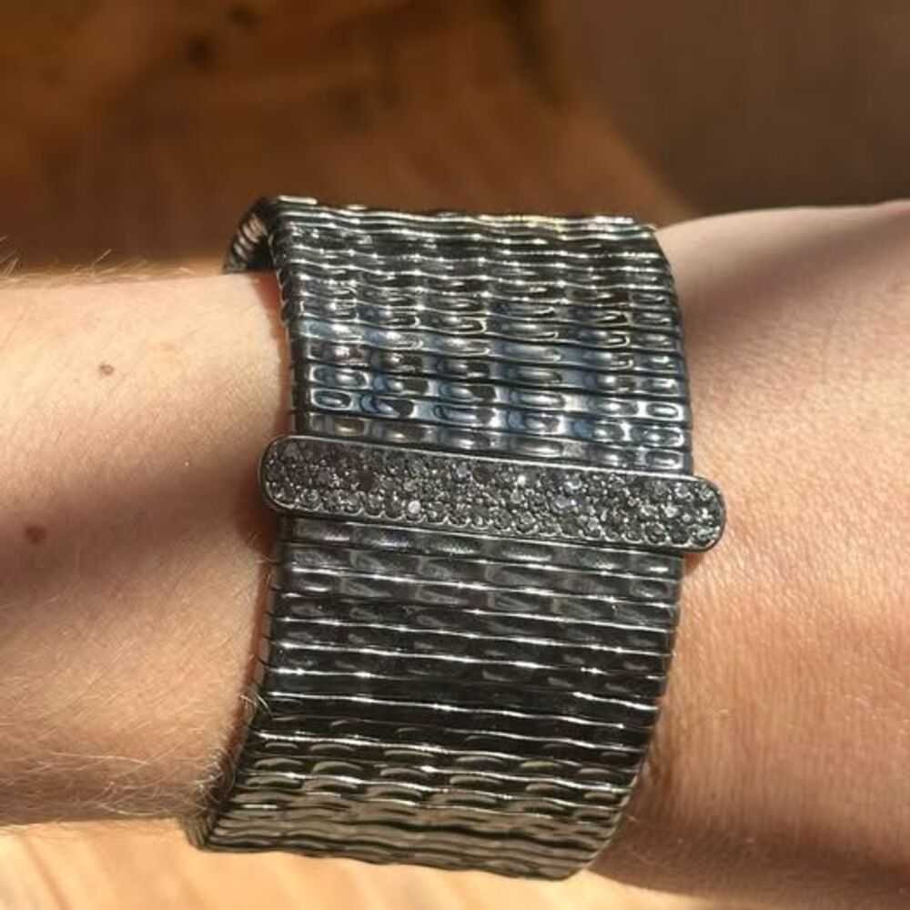Vintage Wide Cuff Bracelet – Gunmetal Stretch Bangle with Rhinestone Bar